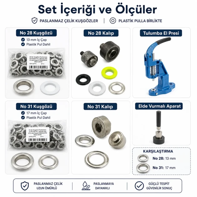 Profesyonel Branda Kuşgözü Seti – No 28 ve No 31 Kuşgözü, Pres ve Kalıplar Dahil - BRANDA-PRO-SET02