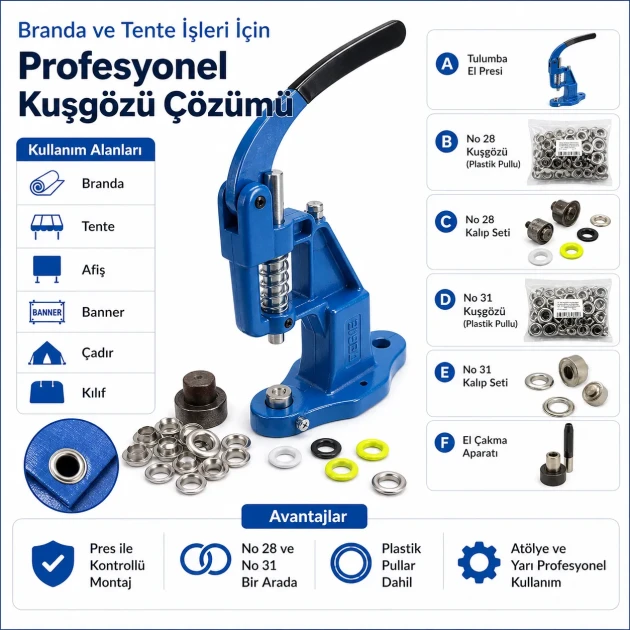 Profesyonel Branda Kuşgözü Seti – No 28 ve No 31 Kuşgözü, Pres ve Kalıplar Dahil - BRANDA-PRO-SET02