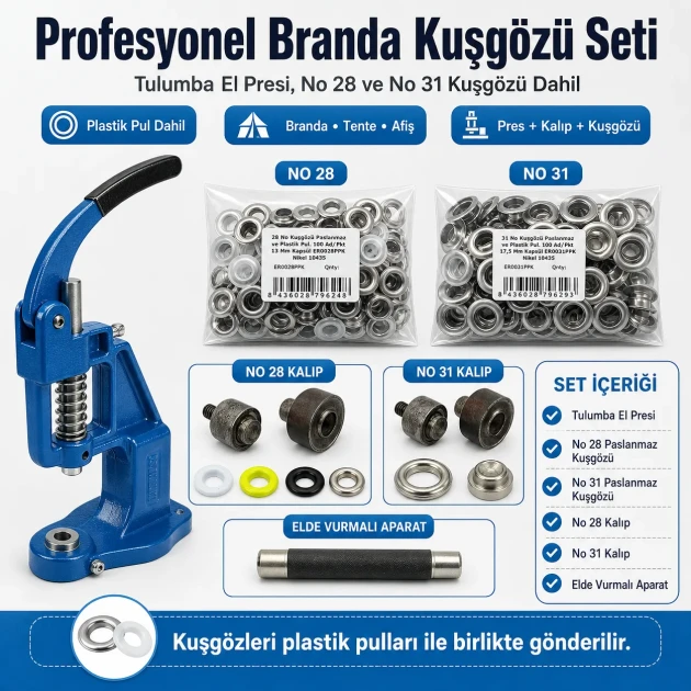 Profesyonel Branda Kuşgözü Seti – No 28 ve No 31 Kuşgözü, Pres ve Kalıplar Dahil - BRANDA-PRO-SET02