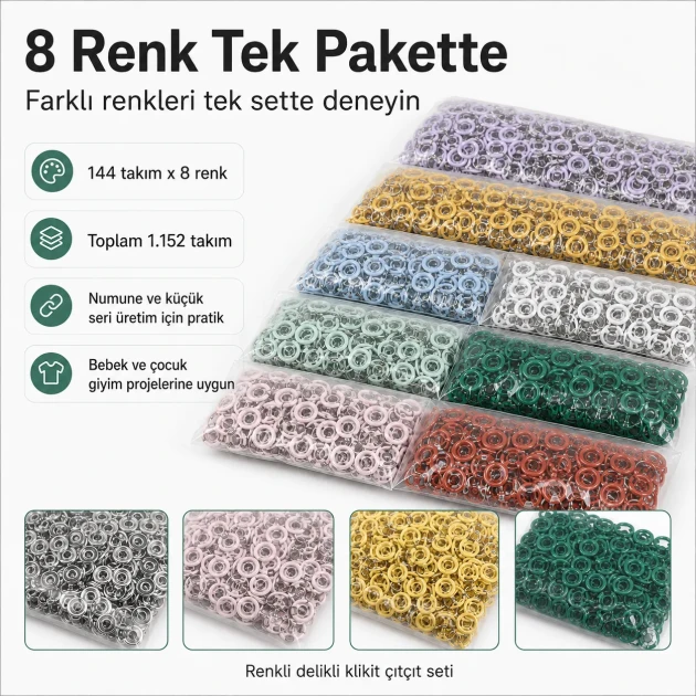 Baby Snap Fastener 9.5 mm 8 Color Set Perforated Snap Fastener Colorful Set C0095DP8R