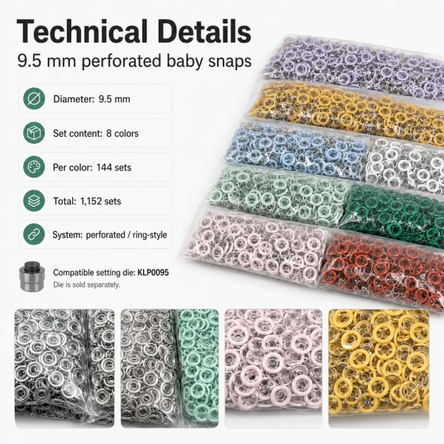 Baby Snap Fastener 9.5 mm 8 Color Set Perforated Snap Fastener Colorful Set C0095DP8R