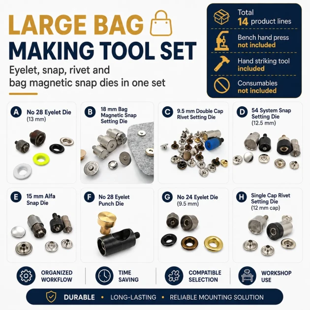 Large Bag Making Tool Set including Eyelet, Snap, Rivet, and Magnetic Clasp Dies with Hand Setting Tool for crafting and