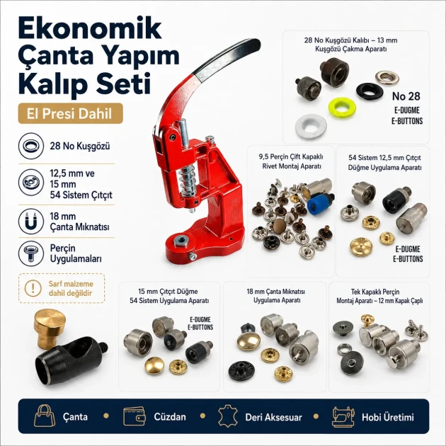 Economy Bag Making Tool Set with Hand Press including Eyelet, Snap, Rivet and Magnetic Clasp Dies for crafting and DIY