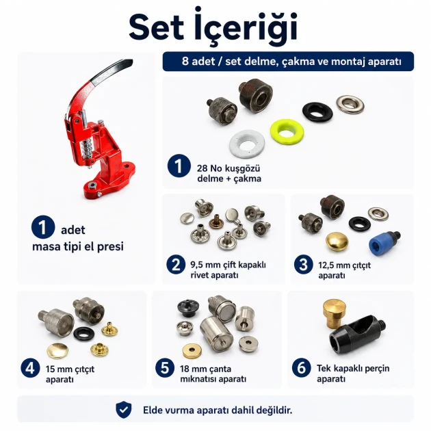 Economy Bag Making Tool Set with Hand Press including Eyelet, Snap, Rivet and Magnetic Clasp Dies for crafting and DIY