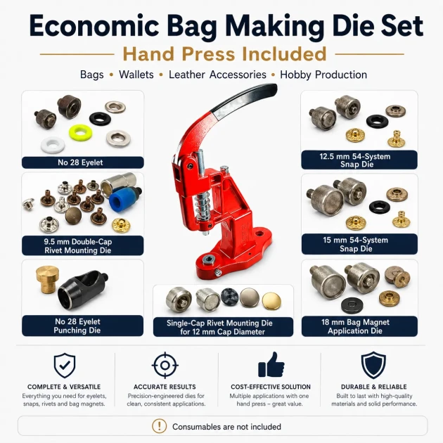 Economy Bag Making Tool Set with Hand Press including Eyelet, Snap, Rivet and Magnetic Clasp Dies for crafting and DIY