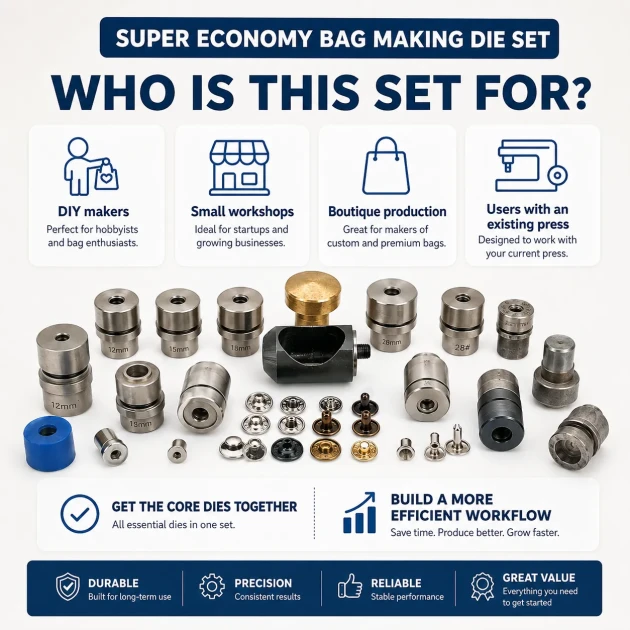 Super Economy Bag Making Tool Set including eyelet, snap, rivet, and magnetic clasp dies for crafting bags, wallets, and