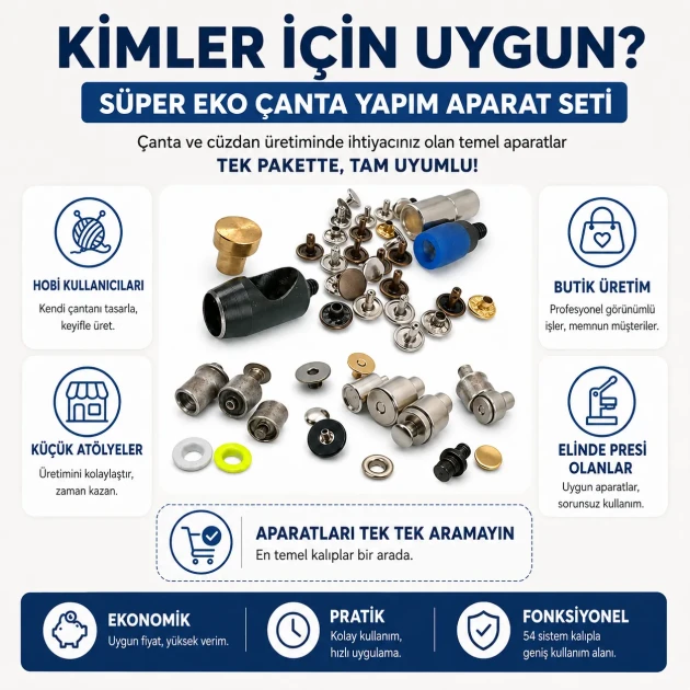 Super Economy Bag Making Tool Set including eyelet, snap, rivet, and magnetic clasp dies for crafting bags, wallets, and