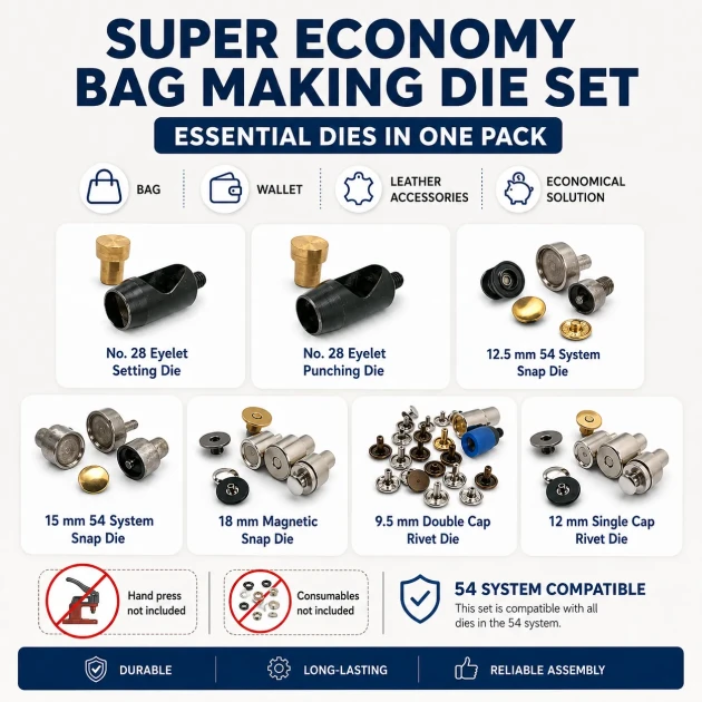 Super Economy Bag Making Tool Set including eyelet, snap, rivet, and magnetic clasp dies for crafting bags, wallets, and