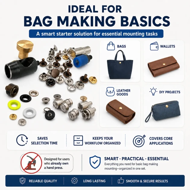Super Economy Bag Making Tool Set including eyelet, snap, rivet, and magnetic clasp dies for crafting bags, wallets, and