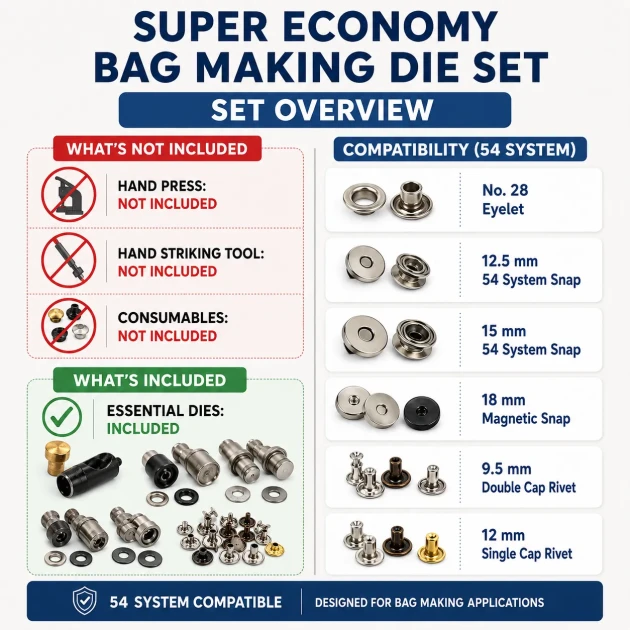 Super Economy Bag Making Tool Set including eyelet, snap, rivet, and magnetic clasp dies for crafting bags, wallets, and