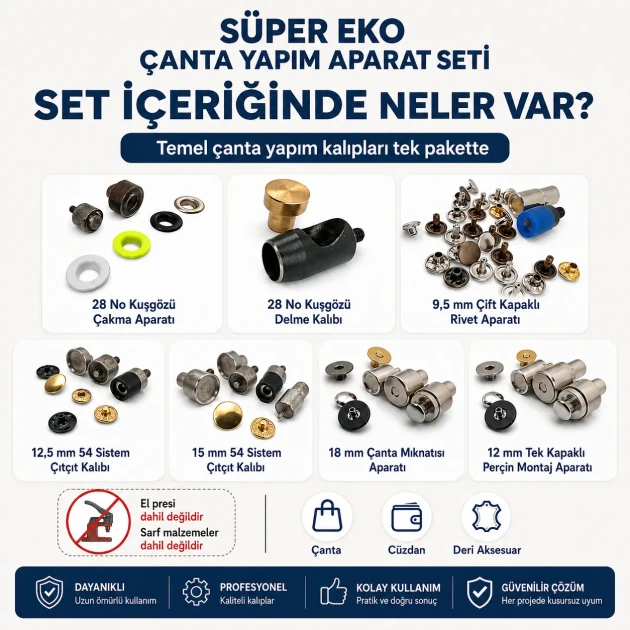 Super Economy Bag Making Tool Set including eyelet, snap, rivet, and magnetic clasp dies for crafting bags, wallets, and
