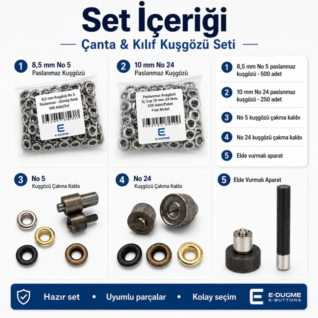 Bag & Case Eyelet Set – 8.5 mm and 10 mm Eyelets, Dies and Hand Tool Included CANTA-KILIF-SET07