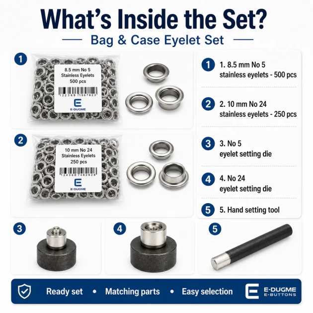 Bag & Case Eyelet Set – 8.5 mm and 10 mm Eyelets, Dies and Hand Tool Included CANTA-KILIF-SET07