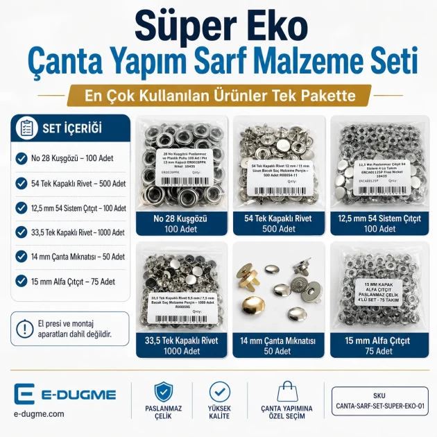 Super Economy Bag Hardware Refill Set including eyelets, snap buttons, rivets, and magnetic bag clasps for versatile bag