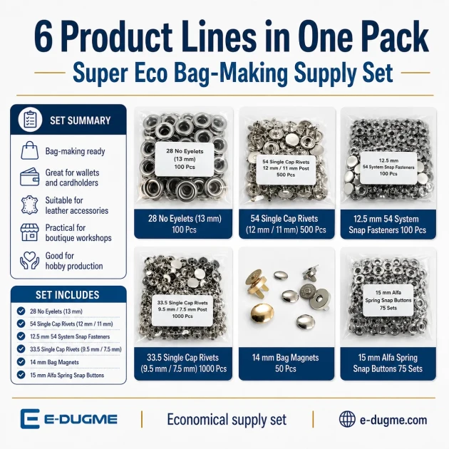Super Economy Bag Hardware Refill Set including eyelets, snap buttons, rivets, and magnetic bag clasps for versatile bag