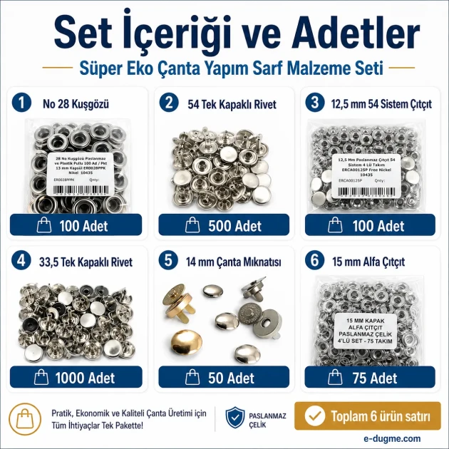 Super Economy Bag Hardware Refill Set including eyelets, snap buttons, rivets, and magnetic bag clasps for versatile bag