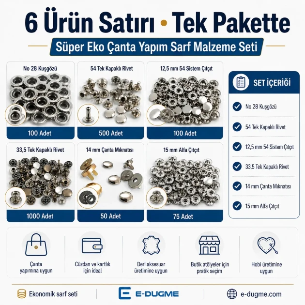 Super Economy Bag Hardware Refill Set including eyelets, snap buttons, rivets, and magnetic bag clasps for versatile bag