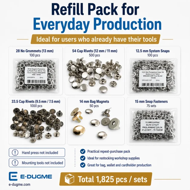 Super Economy Bag Hardware Refill Set including eyelets, snap buttons, rivets, and magnetic bag clasps for versatile bag