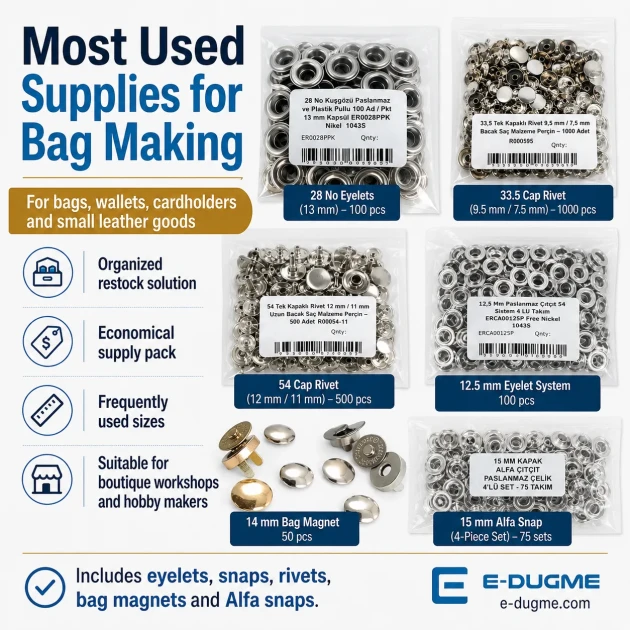 Super Economy Bag Hardware Refill Set including eyelets, snap buttons, rivets, and magnetic bag clasps for versatile bag