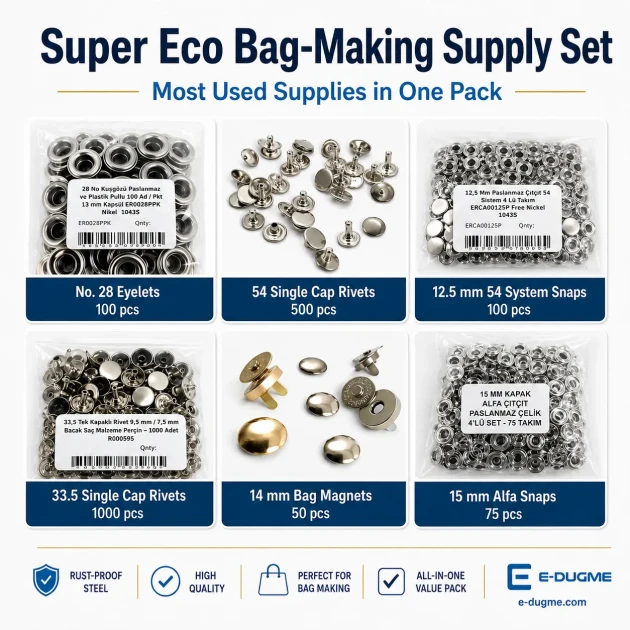 Super Economy Bag Hardware Refill Set including eyelets, snap buttons, rivets, and magnetic bag clasps for versatile bag