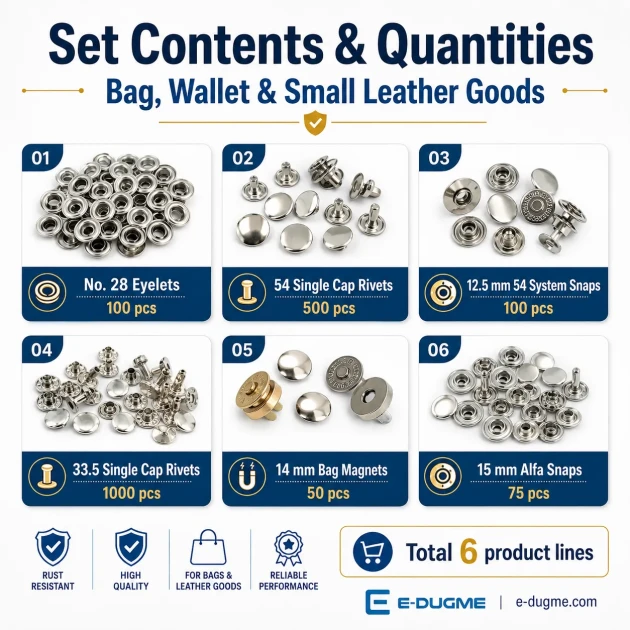 Super Economy Bag Hardware Refill Set including eyelets, snap buttons, rivets, and magnetic bag clasps for versatile bag