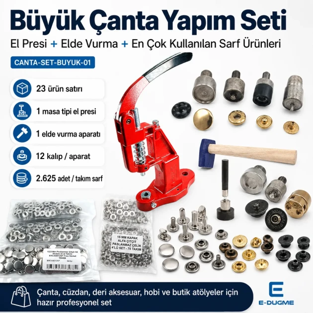 Large Bag Making Kit with Hand Press including magnetic clasps, snap buttons, rivets, eyelets, and installation dies for