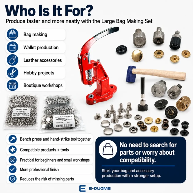 Large Bag Making Kit with Hand Press including magnetic clasps, snap buttons, rivets, eyelets, and installation dies for