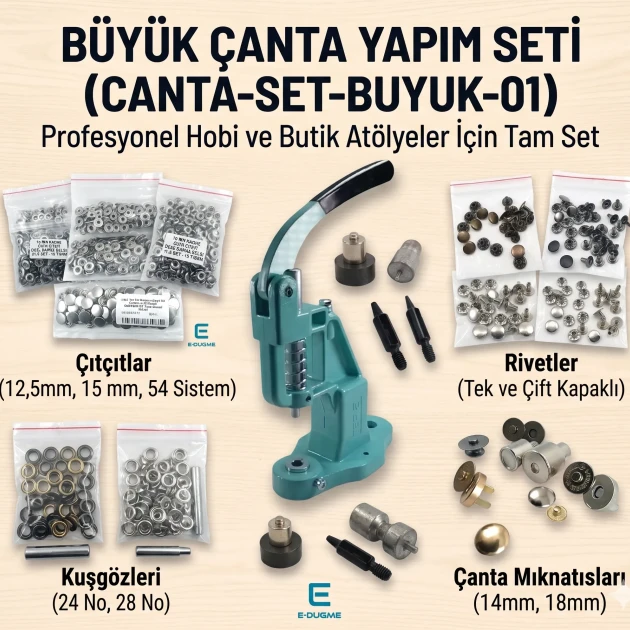 Large Bag Making Kit with Hand Press including magnetic clasps, snap buttons, rivets, eyelets, and installation dies for
