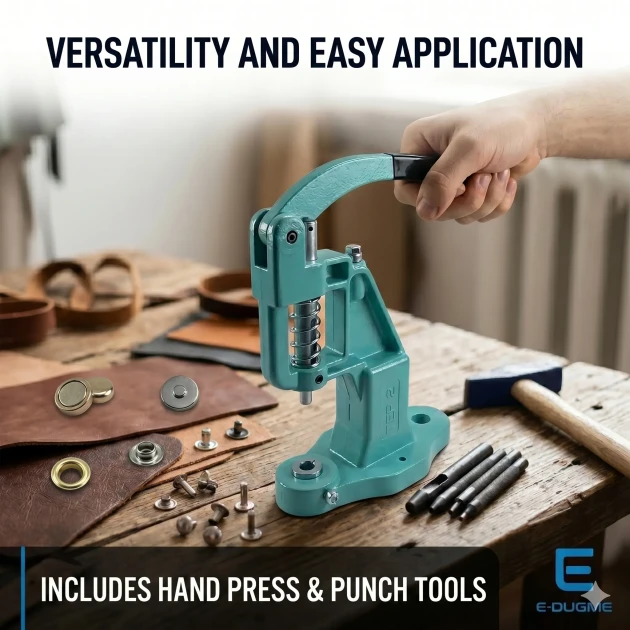 Large Bag Making Kit with Hand Press including magnetic clasps, snap buttons, rivets, eyelets, and installation dies for