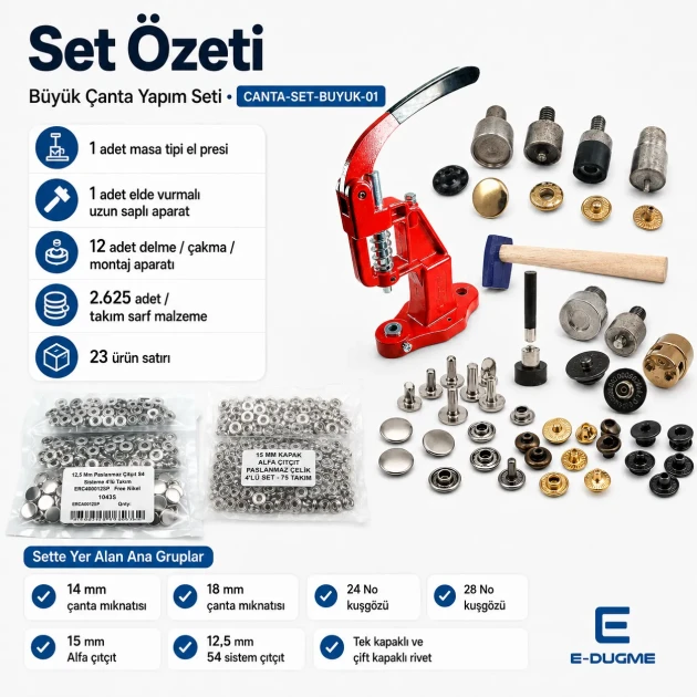 Large Bag Making Kit with Hand Press including magnetic clasps, snap buttons, rivets, eyelets, and installation dies for