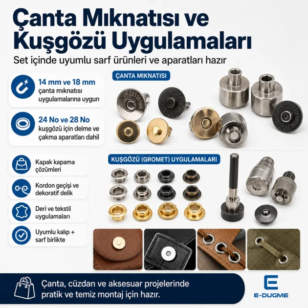 Large Bag Making Kit with Hand Press including magnetic clasps, snap buttons, rivets, eyelets, and installation dies for