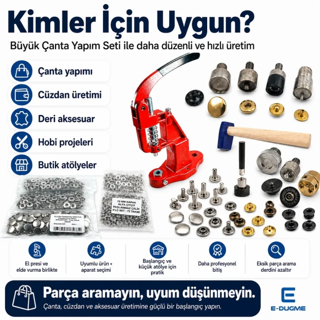 Large Bag Making Kit with Hand Press including magnetic clasps, snap buttons, rivets, eyelets, and installation dies for