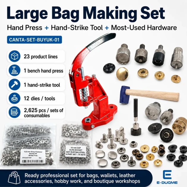 Large Bag Making Kit with Hand Press including magnetic clasps, snap buttons, rivets, eyelets, and installation dies for