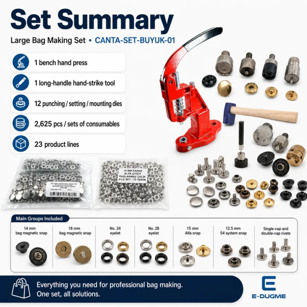 Large Bag Making Kit with Hand Press including magnetic clasps, snap buttons, rivets, eyelets, and installation dies for