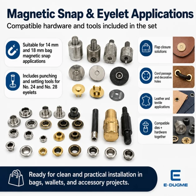 Large Bag Making Kit with Hand Press including magnetic clasps, snap buttons, rivets, eyelets, and installation dies for