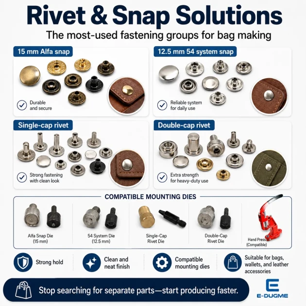Large Bag Making Kit with Hand Press including magnetic clasps, snap buttons, rivets, eyelets, and installation dies for