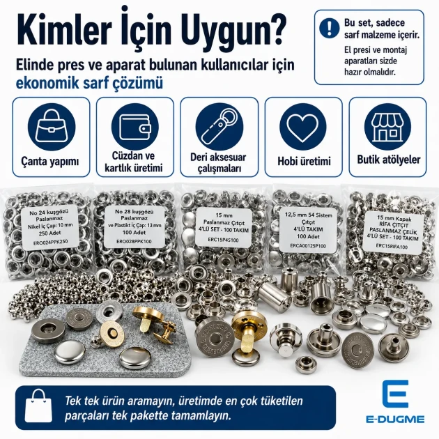 Eko Çanta Sarf Malzeme Seti - Çanta Mıknatısı, Çıtçıt, Perçin ve Kuşgözü ile birlikte