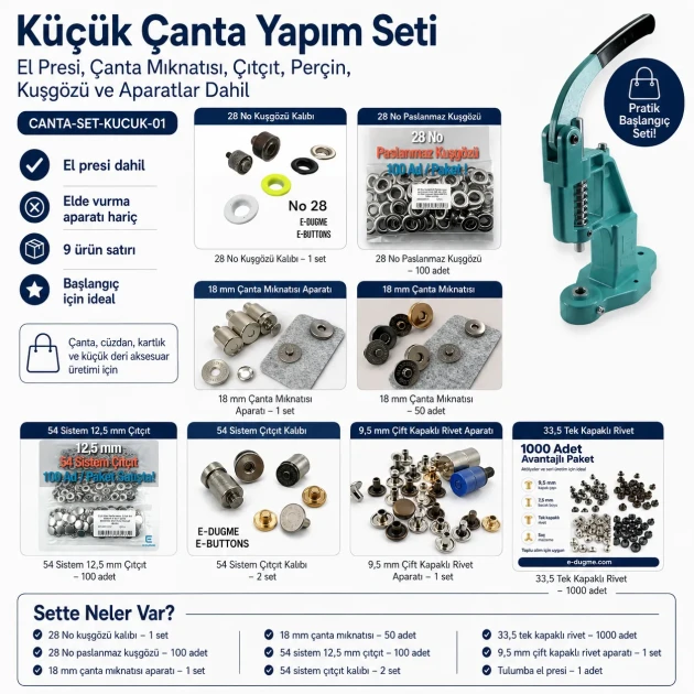 Small Bag Making Starter Kit including Hand Press, Rivets, Eyelets, Snap Buttons and Magnetic Clasp Dies for crafting and