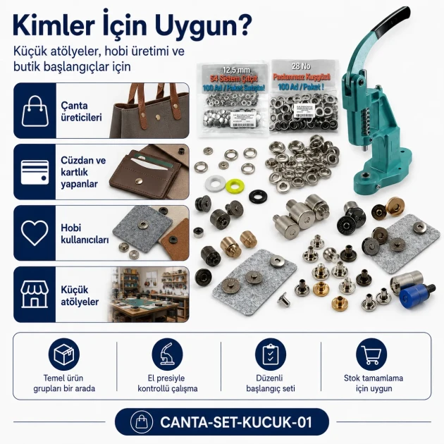 Small Bag Making Starter Kit including Hand Press, Rivets, Eyelets, Snap Buttons and Magnetic Clasp Dies for crafting and