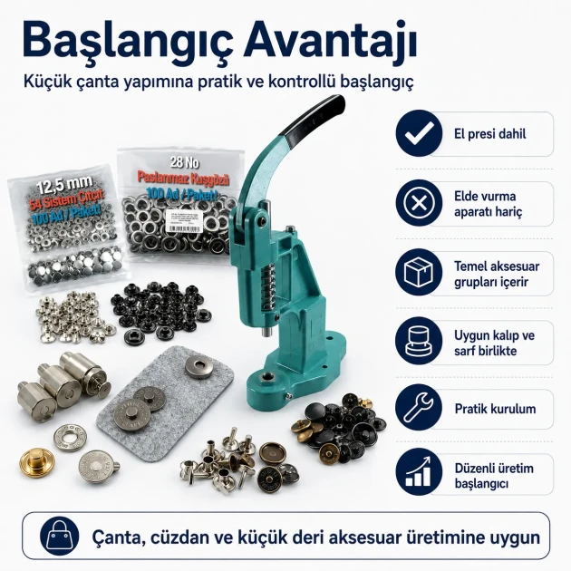 Small Bag Making Starter Kit including Hand Press, Rivets, Eyelets, Snap Buttons and Magnetic Clasp Dies for crafting and