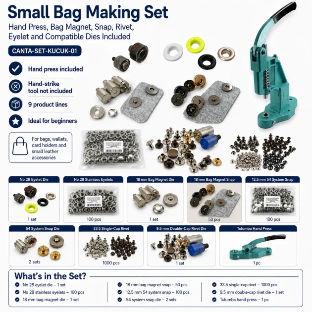 Small Bag Making Starter Kit including Hand Press, Rivets, Eyelets, Snap Buttons and Magnetic Clasp Dies for crafting and
