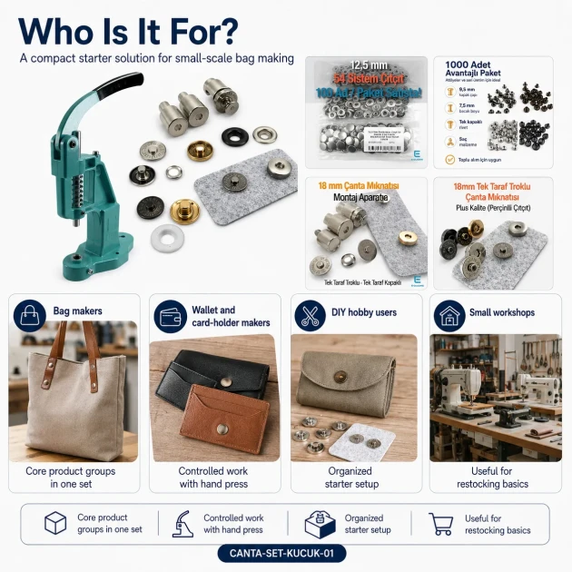 Small Bag Making Starter Kit including Hand Press, Rivets, Eyelets, Snap Buttons and Magnetic Clasp Dies for crafting and