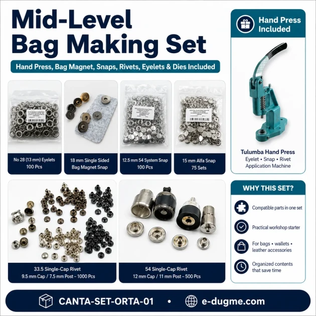 Medium Bag Making Kit with Hand Press including snap buttons, rivets, eyelets, and magnetic clasp for DIY bag projects