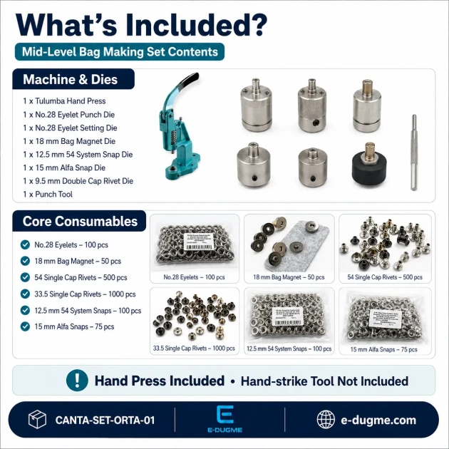 Medium Bag Making Kit with Hand Press including snap buttons, rivets, eyelets, and magnetic clasp for DIY bag projects
