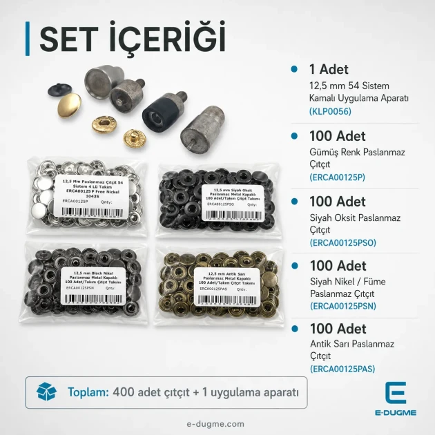 12.5 mm Stainless Snap Button Set – 4 Colors, 400 Pieces + 54 System Wedge Mounting Die Included – Hand Press Not Included CITCIT-SET-125MM-4RENK-KLP0056