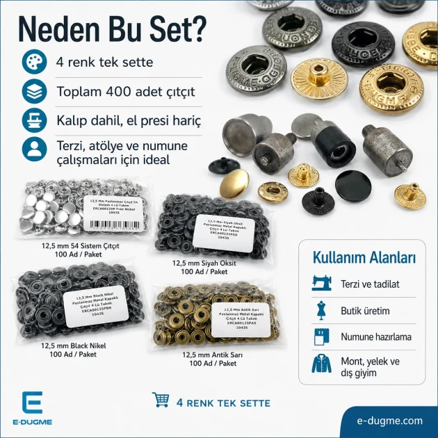 12.5 mm Stainless Snap Button Set – 4 Colors, 400 Pieces + 54 System Wedge Mounting Die Included – Hand Press Not Included CITCIT-SET-125MM-4RENK-KLP0056