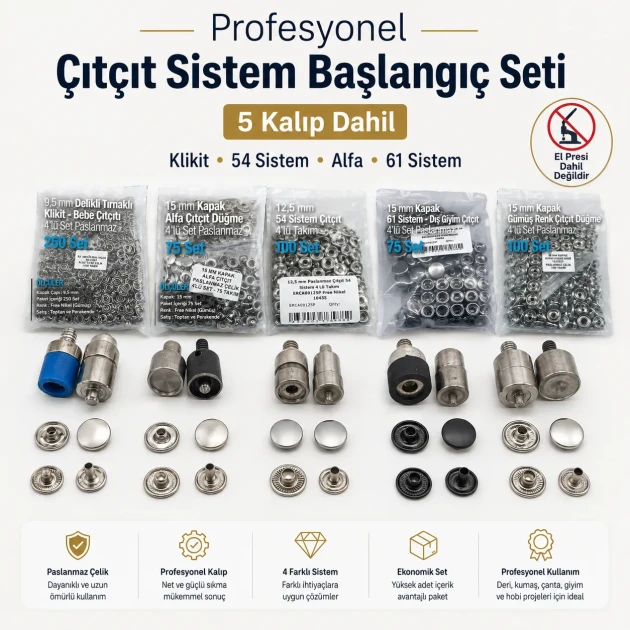 Professional Snap Fastener System Starter Set with 5 Dies – Klikit, 54 System, Alfa and 61 System CITCIT-SISTEM-TANIMA-SET02