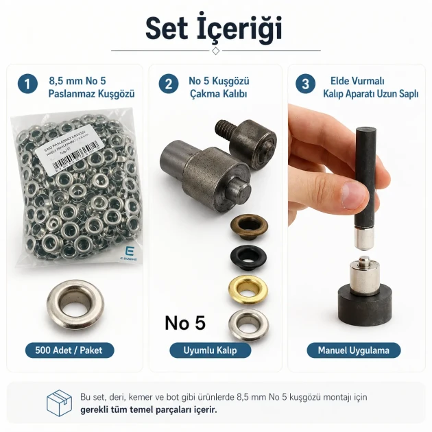 Leather, Belt and Boot Eyelet Set – 8.5 mm Eyelets, Die and Hand Tool Included DERI-KEMER-BOT-SET08