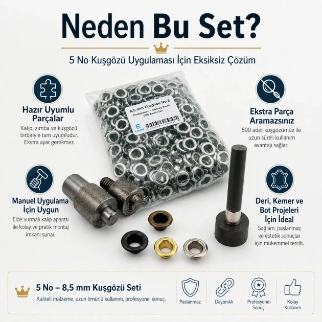 Leather, Belt and Boot Eyelet Set – 8.5 mm Eyelets, Die and Hand Tool Included DERI-KEMER-BOT-SET08