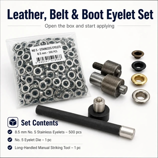 Leather, Belt and Boot Eyelet Set – 8.5 mm Eyelets, Die and Hand Tool Included DERI-KEMER-BOT-SET08
